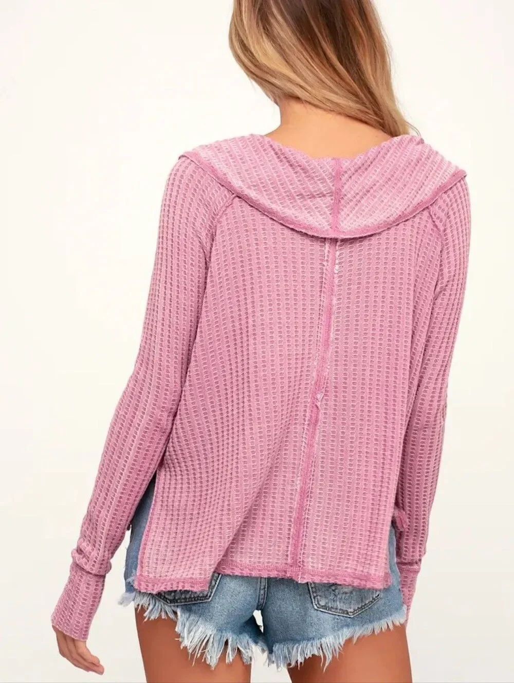 Free People Wildcat Washed Mauve Pink Boho Thermal Long Sleeve Top Size Large
